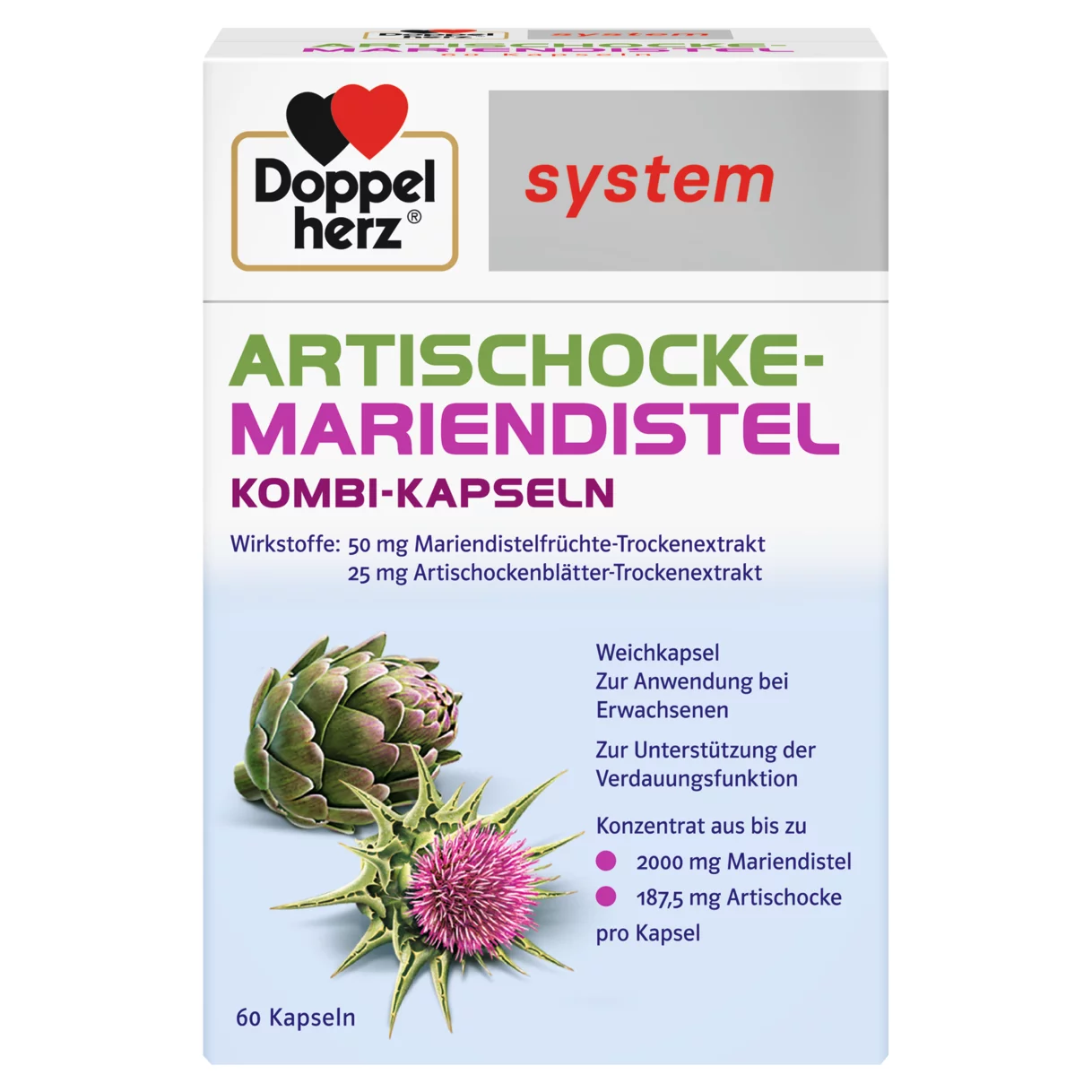 Abbildung der Produktverpackung Doppelherz system ARTISCHOCKE-MARIENDISTEL KOMBI-KAPSELN Frontansicht